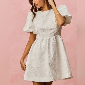 SO ME Women's Bridal Jacquard Bubble Sleeves Mini White Puff Sleeve Dress sz Md
